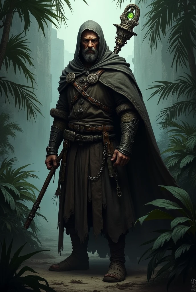 Create an image of Galen, a battle-hardened mercenary from a fictional medievial worl. He should have a rugged apperance, with a not muscular build. Vorn wears a mix of worn-out robe suit and chainmail, showing sings of wear but still functional. He carries a mysterious, ancient staff with intricate carving and faint, glowing aura. His expression is serious and determined, reflecting his rentless pursuit of truth and power. Vorn stands in dense, dark jungle with tall, exotic plants around him, The evironment should fell mysterious and foreboding, with the distant silhouette of ancient ruins. paritally visible through the foliage. The overral atmosphere should be tense and eerie, capturing the sens of and impending discovery of danger. Make him wear hood, and make his robe skinny.