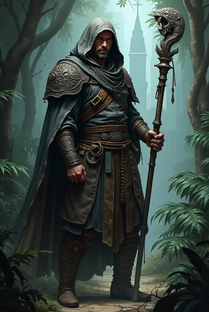 Create an image of Galen, a battle-hardened mercenary from a fictional medievial worl. He should have a rugged apperance, with a not muscular build. Vorn wears a mix of worn-out robe suit and chainmail, showing sings of wear but still functional. He carries a mysterious, ancient staff with intricate carving and faint, glowing aura. His expression is serious and determined, reflecting his rentless pursuit of truth and power. Vorn stands in dense, dark jungle with tall, exotic plants around him, The evironment should fell mysterious and foreboding, with the distant silhouette of ancient ruins. paritally visible through the foliage. The overral atmosphere should be tense and eerie, capturing the sens of and impending discovery of danger. Make him wear hood, and make his robe skinny.