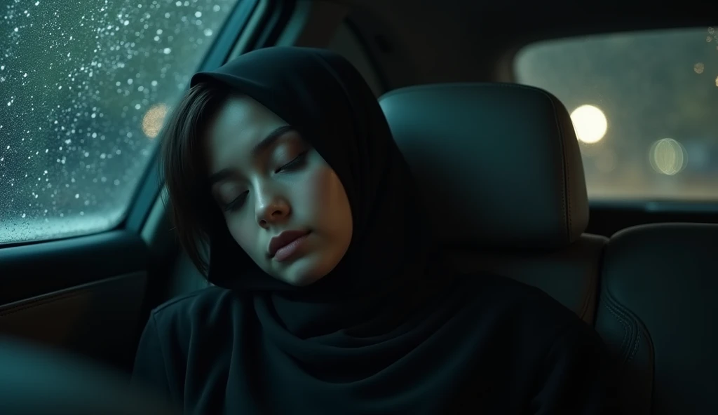 Black hijab girl sleeping in car, midnight rain in the car glass Rain drops