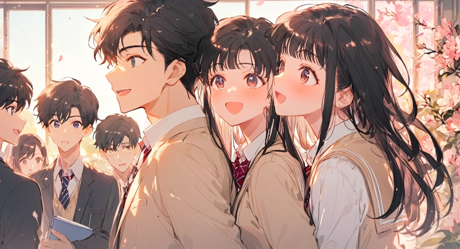 (Men and women), Black Hair, ((high school student, school uniform)), Look at each other, Laugh