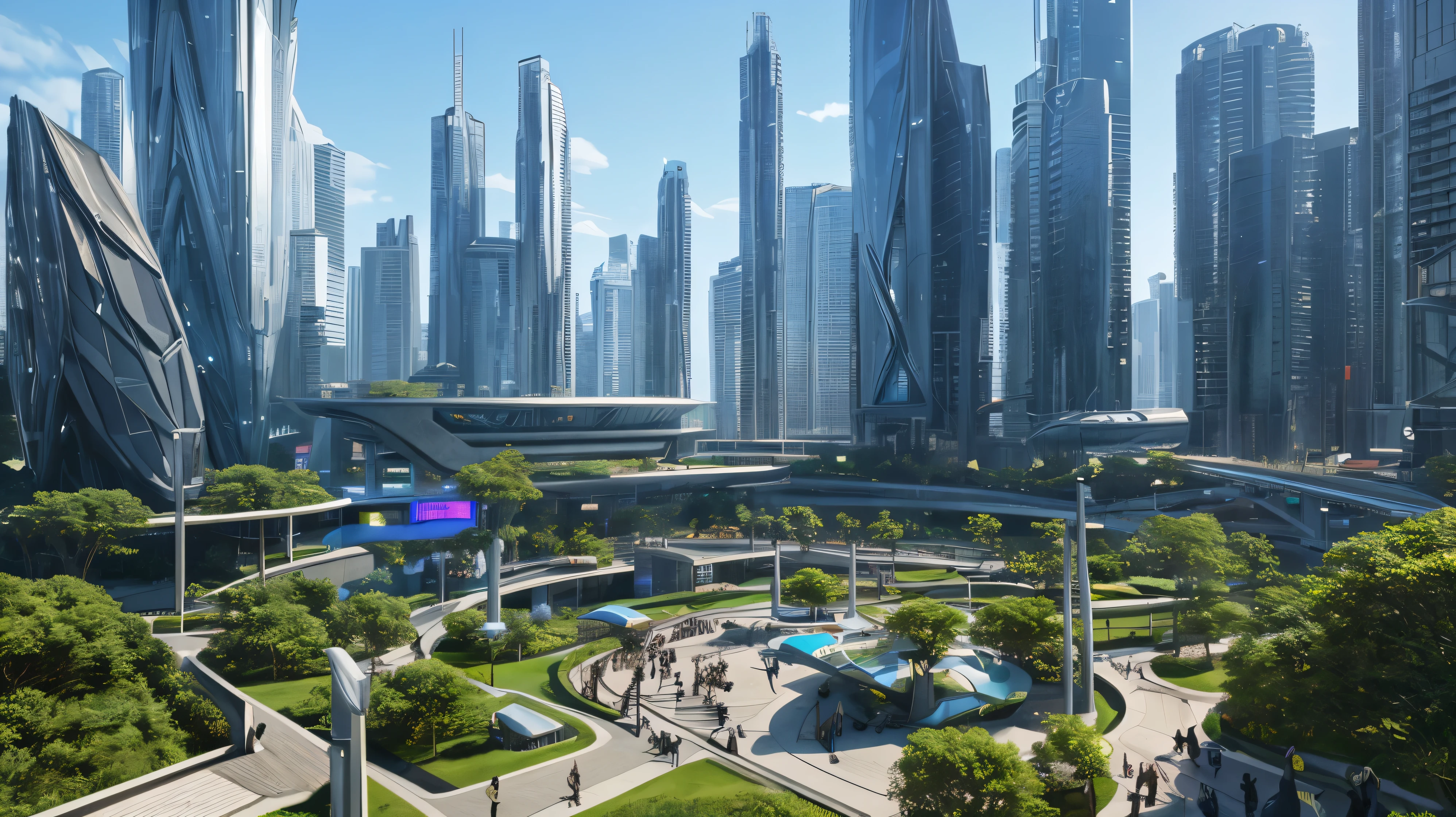 scifi, beautyful futuristic park, architectual, organic skyscraper, space design, cyberpunk, futuristic, lake, people, hightech, hard-surface design, daylight, much tech, much electronic, very cozy, ambient light, realistic view, wide angle, year 2224