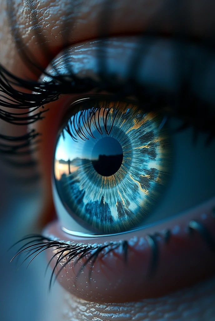 Create an image of an eye with the world reflected in its iris , with a darker style