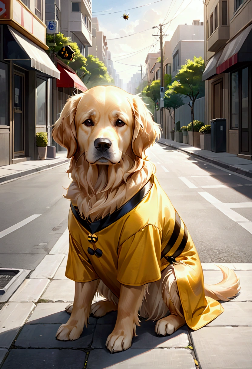 Perro golden retriver, SITTING ON THE SIDEWALK OF A STREET, WITH A BEE COSTUME, looking at the horizon, WITH THINNER FACE