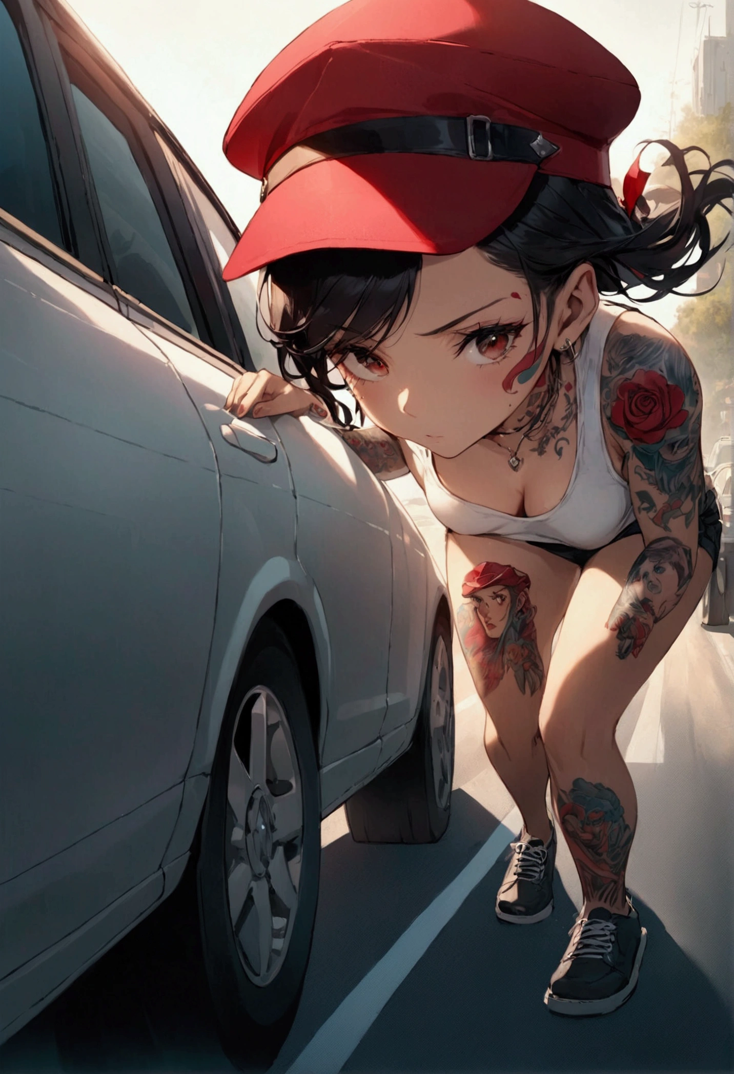 Illustrate a driver on the highway picking up a woman with lots of tattoos and a red hat