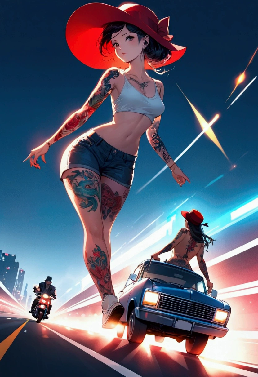 Illustrate a driver on the highway picking up a woman with lots of tattoos and a red hat