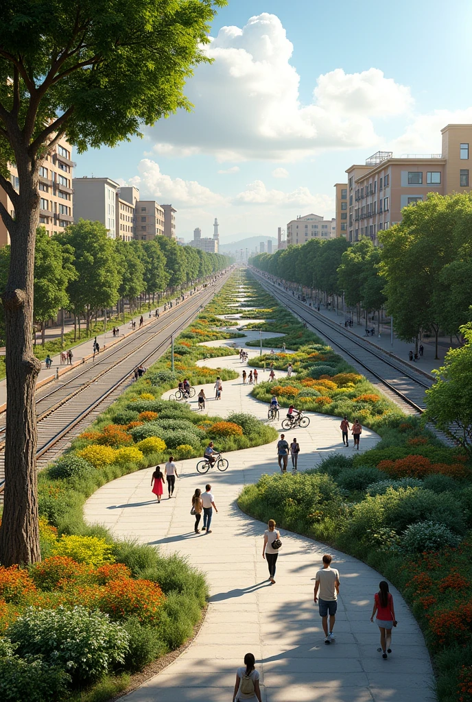 AREQUIPA CITY BOULEVARD AND GREEN NODE WITH ACTIVITIES, A LOT OF VEGETATION AND GIVING WAY TO LIFE IN A CITY WITH A RAILWAY IDENTITY
