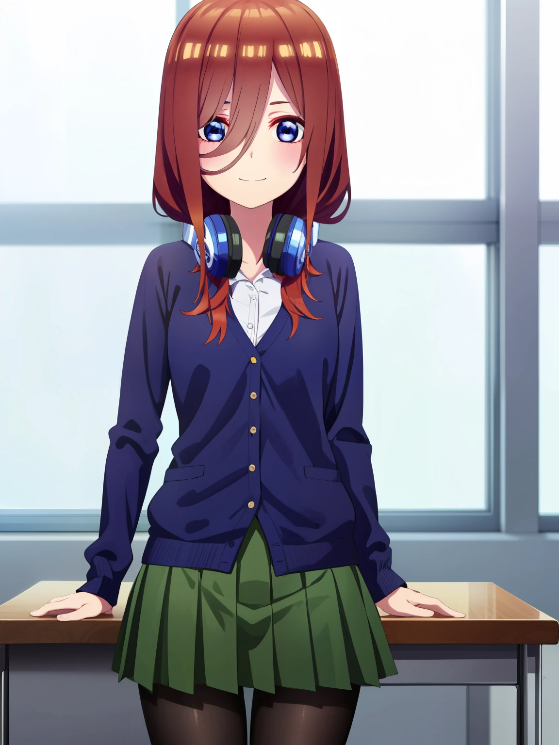 Miku Nakano, miku nakano, smile, Long Hair, bangs, blue eyes, Brown Hair, shirt, Hair between the eyes, Headphones, cardigan, Headphones around neck, break skirt, shirt, Long sleeve, white shirt, pantyhose, Pleated skirt, black pantyhose, cardigan, Green Skirt, blue cardigan, break indoors, classroom, break looking at viewer, break (masterpiece:1.2), Highest quality, High resolution, unity 8k wallpaper, (figure:0.8), (Beautiful attention to detail:1.6), Highly detailed face, Perfect lighting, Highly detailed CG, (Perfect hands, Perfect Anatomy),I'm smiling at you、