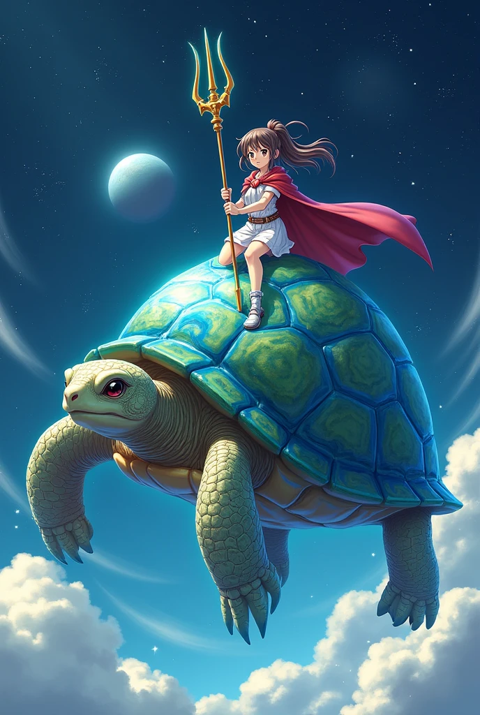 (Pictureanime) A magical turtle that has a planet as its shell, with a anime girl on it. The girl has a cape and Trident and somewhat armored.
the turtle should be the main forcus and the girl can be seen on its head riding it. There should be no clouds or anything since they are in the middle of the galaxy and the background include stars and a planet representing what the turtles element is. Since its Neptune the turtle should be almost water based like an elemental and they should be facing us