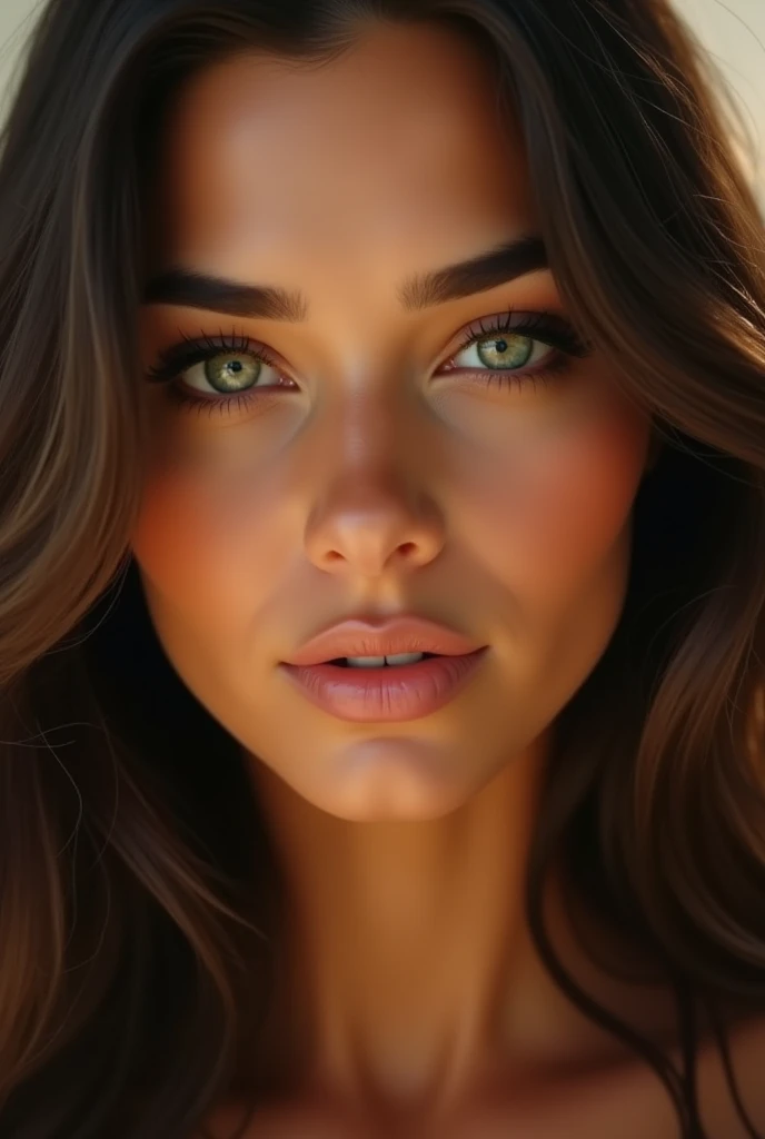 A hyper-realistic painting focusing on the face of a woman with a confident and captivating expression. She has long, dark, wavy hair that frames her face, adding depth to her appearance. Her eyes are a mesmerizing light green, almond-shaped, and exude a piercing, intense gaze. Her eyebrows are dark, well-defined, and perfectly arched, giving her a strong and refined look. Her skin is a warm, sun-kissed tan, smooth and glowing with health. Her lips are full, with a natural rosy hue, slightly parted as if in a moment of thought. The lighting is warm and soft, emphasizing the contours of her face and bringing out the subtle details of her features, creating a sense of depth and realism.