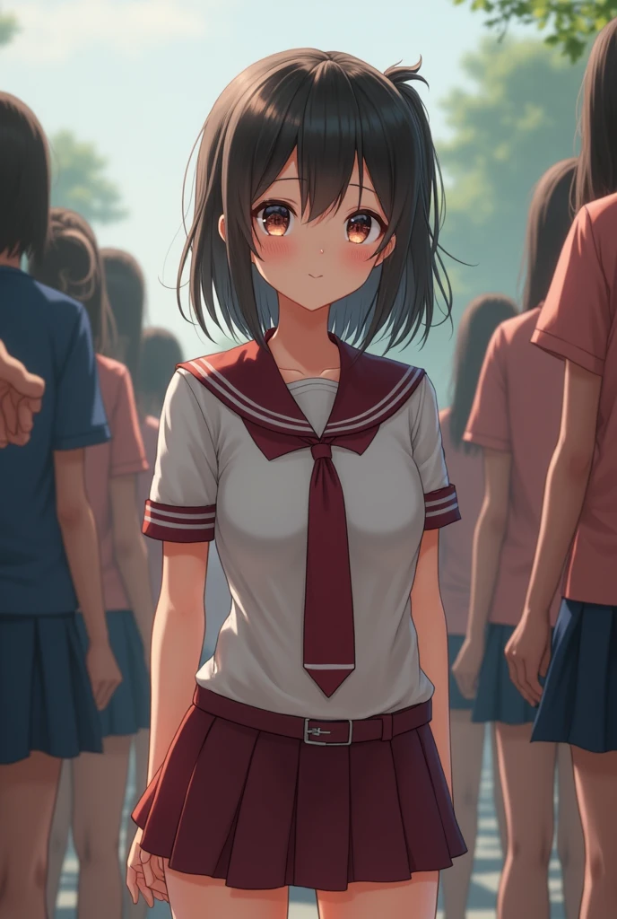 1girl Realistic image 8k, (uniform) High School Uniform, Are standing, Outdoor, Detailed face, Detailed eyes, Small breasts, Glowing Skin, Wet Skin, with legs open and not wearing underwear、I can see her vagina, Looking at the audience,(8k, RAW Photos, Highest quality, masterpiece: 1.2), (Realistic, Realistic: 1.37), ultra-high resolution without wearing pants and with legs open and not wearing underwear、I can see her vagina,