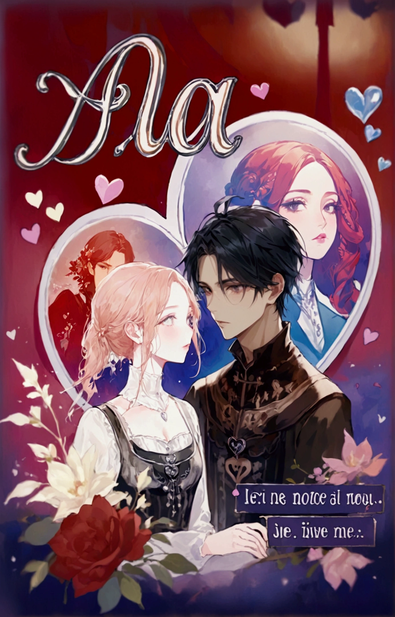 Heart in the background, pink background with smaller hearts, two characters ((focus on both)) two characters se beijando