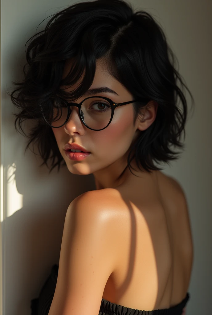 Alex, Latina, wearing glasses, short wavy black hair, hair covering one eye, looking down, naked, small perky tits