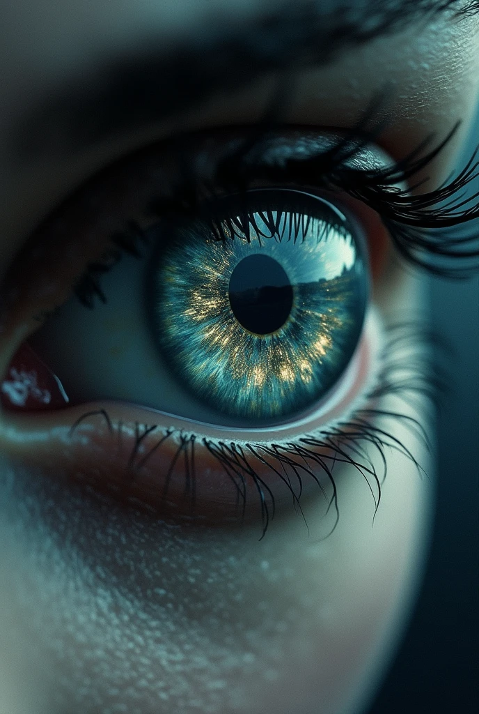 Create an image of an eye with the world reflected in its iris , with a darker style, I want a darker look