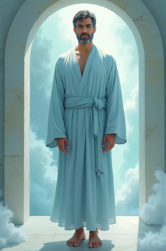 A white Caucasian man in his 40s, barefoot, facing forward. short black hair. Wearing a light blue bo. realist. In a spiritual environment