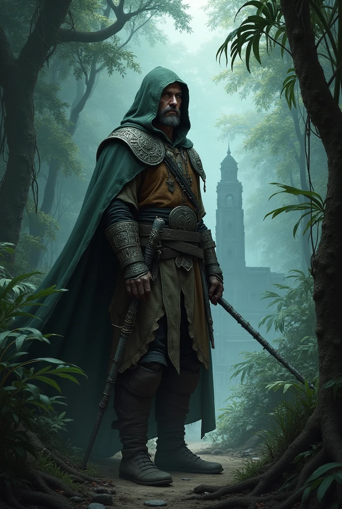Create an image of Galen, a battle-hardened mercenary from a fictional medievial worl. He should have a rugged apperance, with a not muscular build. Vorn wears a mix of worn-out robe suit and chainmail, showing sings of wear but still functional. He carries a mysterious, ancient staff with intricate carving and faint, glowing aura. His expression is serious and determined, reflecting his rentless pursuit of truth and power. Vorn stands in dense, dark jungle with tall, exotic plants around him, The evironment should fell mysterious and foreboding, with the distant silhouette of ancient ruins. paritally visible through the foliage. The overral atmosphere should be tense and eerie, capturing the sens of and impending discovery of danger. Make him wear hood, and make his robe skinny. DONT CREATE AN ARMOR< PLEASE JUST CLASSIC ROBE