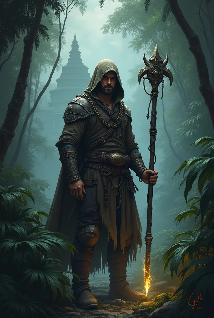 Create an image of Galen, a battle-hardened mercenary from a fictional medievial worl. He should have a rugged apperance, with a not muscular build. Vorn wears a mix of worn-out robe suit and chainmail, showing sings of wear but still functional. He carries a mysterious, ancient staff with intricate carving and faint, glowing aura. His expression is serious and determined, reflecting his rentless pursuit of truth and power. Vorn stands in dense, dark jungle with tall, exotic plants around him, The evironment should fell mysterious and foreboding, with the distant silhouette of ancient ruins. paritally visible through the foliage. The overral atmosphere should be tense and eerie, capturing the sens of and impending discovery of danger. Make him wear hood, and make his robe skinny. DONT CREATE AN ARMOR< PLEASE JUST CLASSIC ROBE