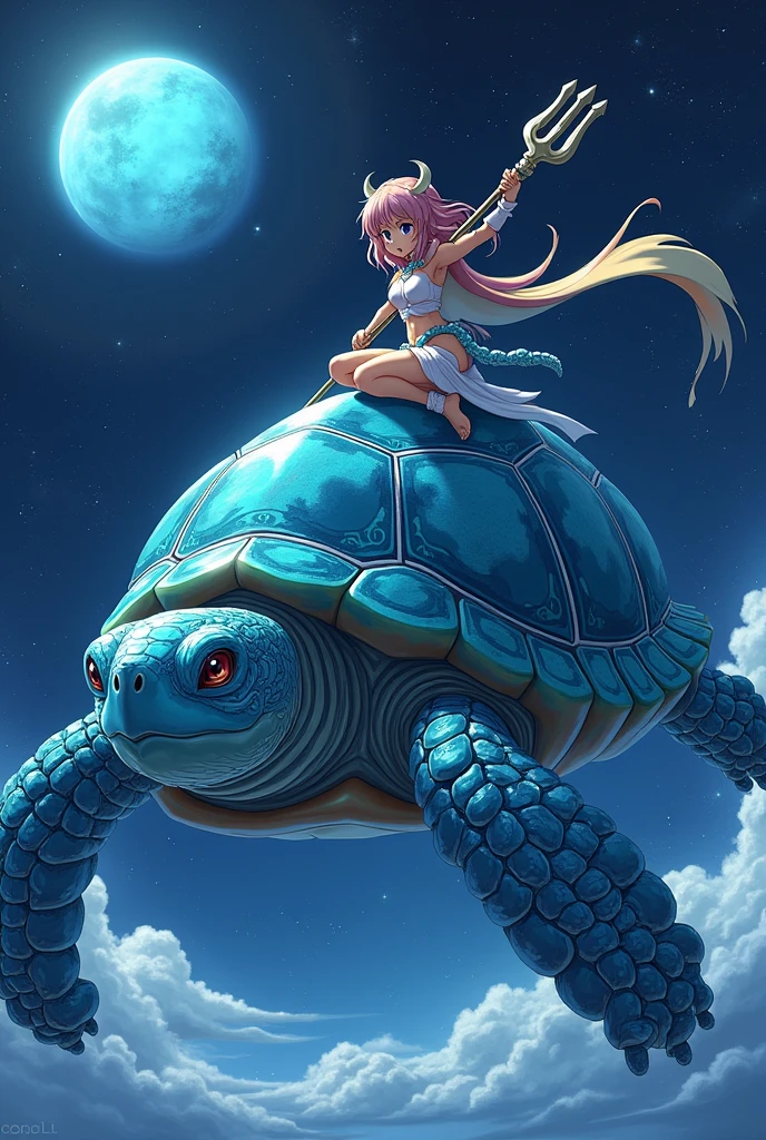 (Pictureanime) A magical turtle that has a Neptune as its shell, with a anime girl on it. The girl has a cape and Trident and somewhat armored. 
the turtle should be the main forcus and the girl can be seen on its head riding it. There should be no clouds or anything since they are in the middle of the galaxy and the background include stars and a planet representing what the turtles element is. Since its Neptune the turtle should be almost water based like an elemental and they should be facing us
