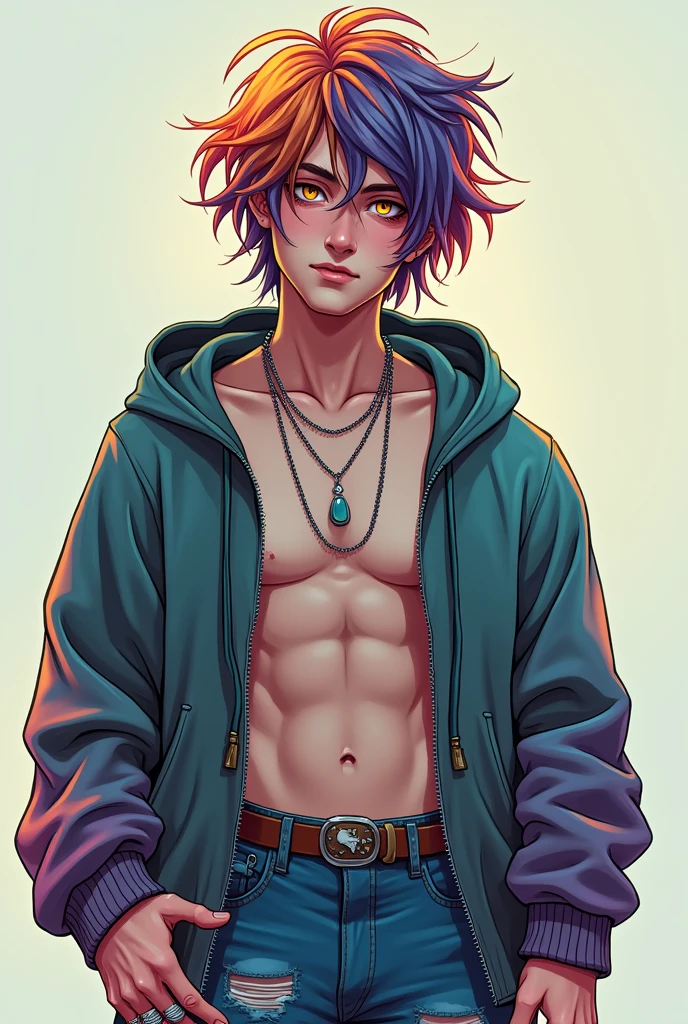 So this man is young, anywhere between the age 20-25, has messy, colorful hair, golden eyes, and pale skin. He's wearing a hoodie and ripped jeans, and has a plain necklace and a few rings.
He's also lean.