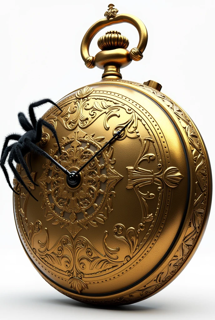 A giant golden pocket watch, with a tarantula spider crawling up on him from the left side, white background