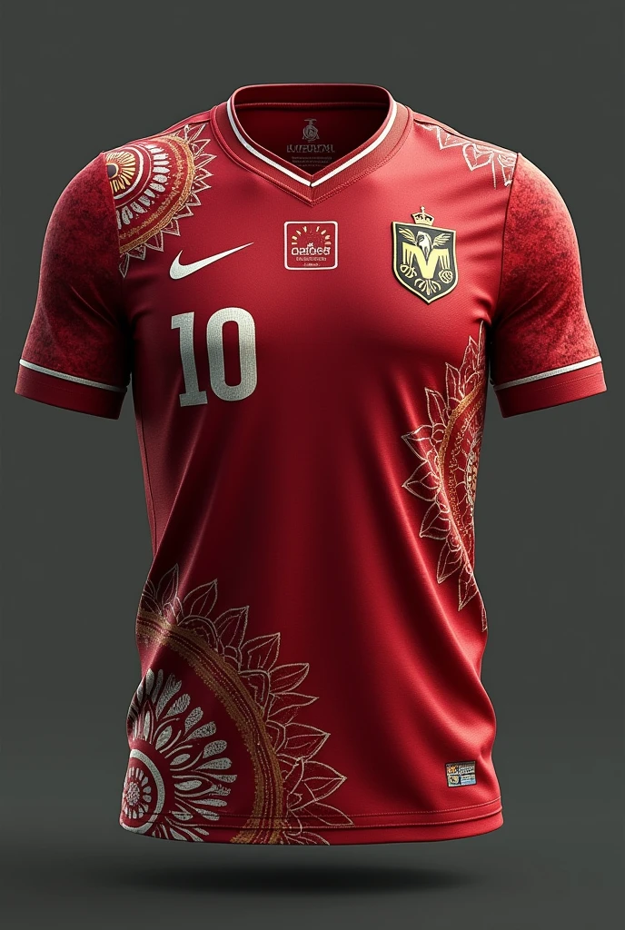 Dark red team jersey with indigenous details in faded white throughout the jersey and the small number ten on the upper left chest and on the right chest a small golden macaw 

