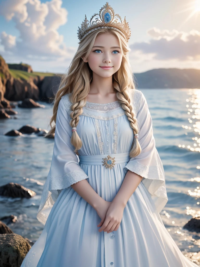 ,((Highest quality))),8k,((masterpiece)),(Very sophisticated and beautiful), Coming out of the sea, The Swan Princess of Russian Mythology, Beautiful calm face, blue eyes, Long blonde hair braided, Moon braid at the back of the head, With a kokoshnik crown on his head、White and shiny old Russian clothing, Loving eyes, Half-laugh, There was a gentle look on his face, Background seascape and sunlight, Seagulls in the sky, full length, realism