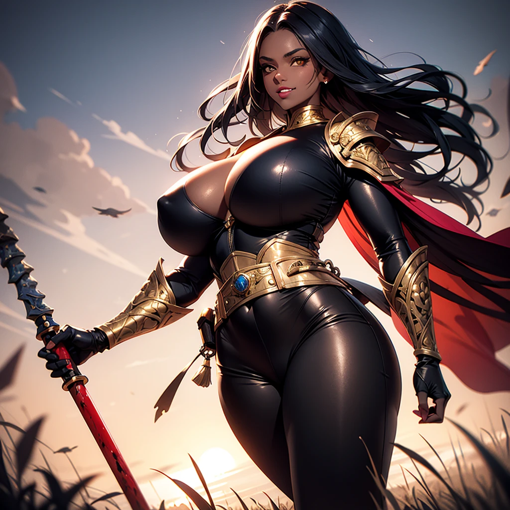 ((best quality)), (detailed), 1 women dark knight, 8k_wallpaper, extremely detailed eyes, (large masterpiece digital art), (intricate details:1.3 ), (ultra-detailed:1.3), (sharp focus:1.3), (natural lighting:1.05), (vivid colors:1.3), (best quality:1.4), expressive eyes, full body, detailed face, beautiful face, perfect face, ((hair black curls)), (gold eyes), {{dark skin}}, ({dark skinned female}), (big breasts), huge chest, big wide ass, powerful relief muscles of the abdomen and legs, powerful strong muscles of the arms, a predatory and daring look, a predatory smile with a lot of fangs, heavy steel armor of Japan and China, a wide yellow belt with chains and a large buckle, leather pants with steel shields on the hips and a skirt made of steel plates, clutching a two-handed saber in his hands, standing in the background battlefields in the middle of flower-filled fields stained with blood at sunset, medieval and dark fantasy style,