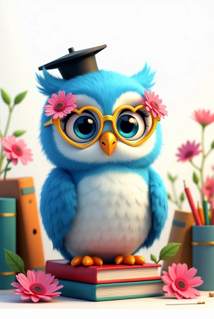 an owl surrounded by books, cute owl in disney pixar style, with books, and a pencil holder, with pencils and books that remind us of the owl, the owl is wearing silver glasses that are heart shaped, blue owl with blue eyes, cute appearance, poucos livros e fundo branco with books e flores, Pixar-style, The owl&#39;s glasses are gold and the flowers are pink, There are pink flowers in the owl&#39;s golden glasses and the books are blue in color, pink and green and match the flowers, little owl has a teacher style graduation cap, the glasses have flowers 