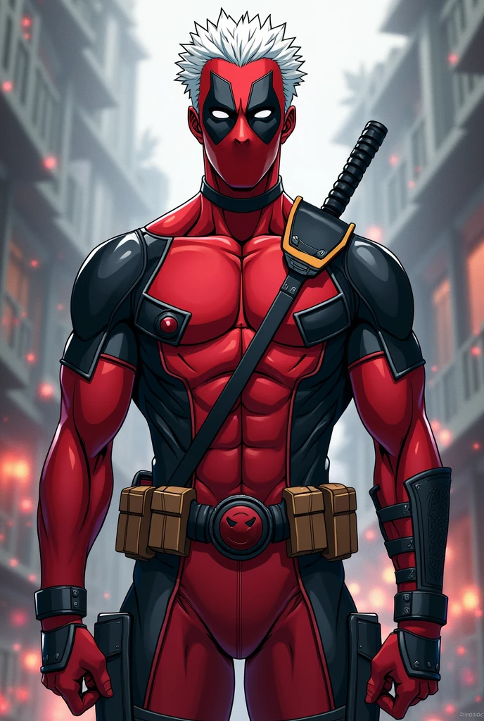make a mix of deadpool and satoru gojo from jujutsu kaisen, in anime or manga style, that is with uncovered face, that the suit is only from the neck down, is a man, and her white hair reminds, that in the image it appears full body