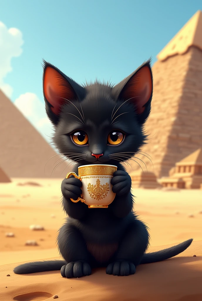 cute black kitten inspired by Anubis drinking coffee in a cup with gold details in Egypt on a sunny day in front of the pyramids