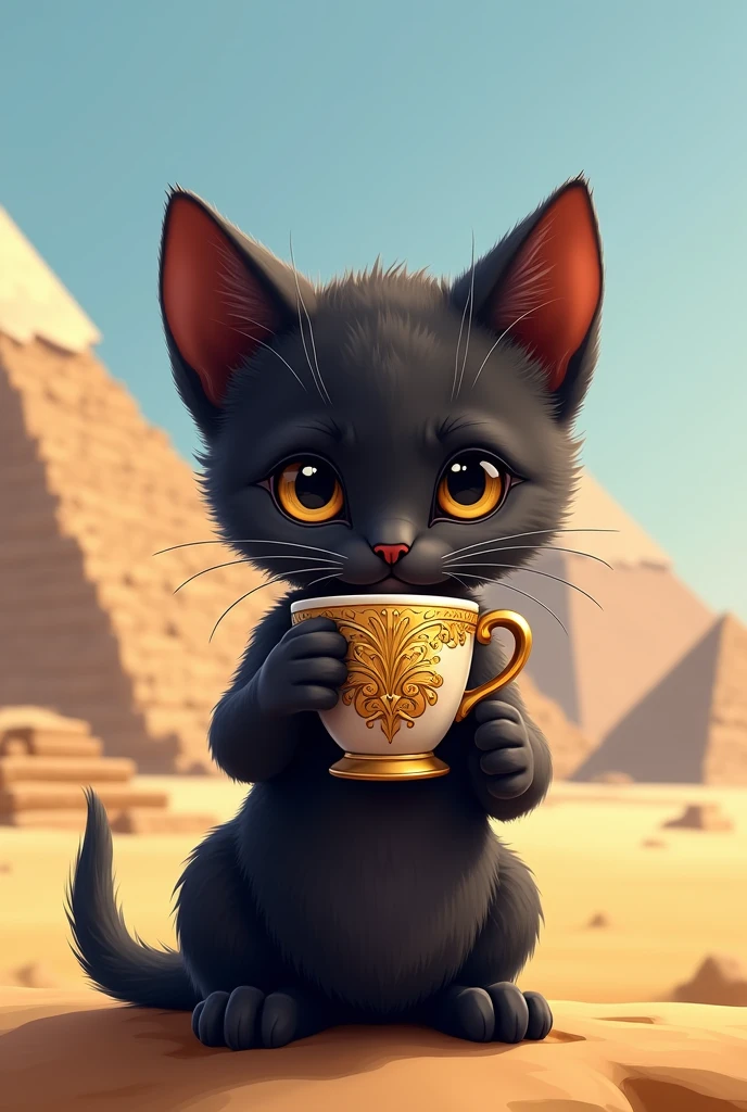 cute black kitten inspired by Anubis drinking coffee in a cup with gold details in Egypt on a sunny day in front of the pyramids