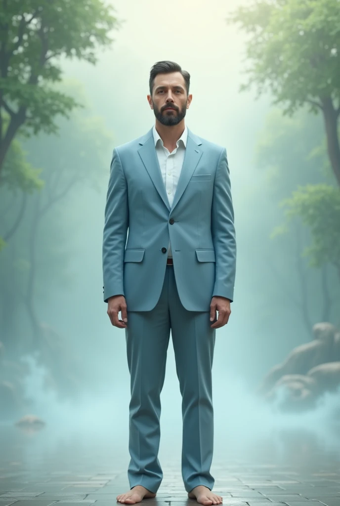 A white Caucasian man in his 40s, barefoot, facing forward. short black hair. Without beard. Wearing a light blue suit. realist. In a spiritual environment 