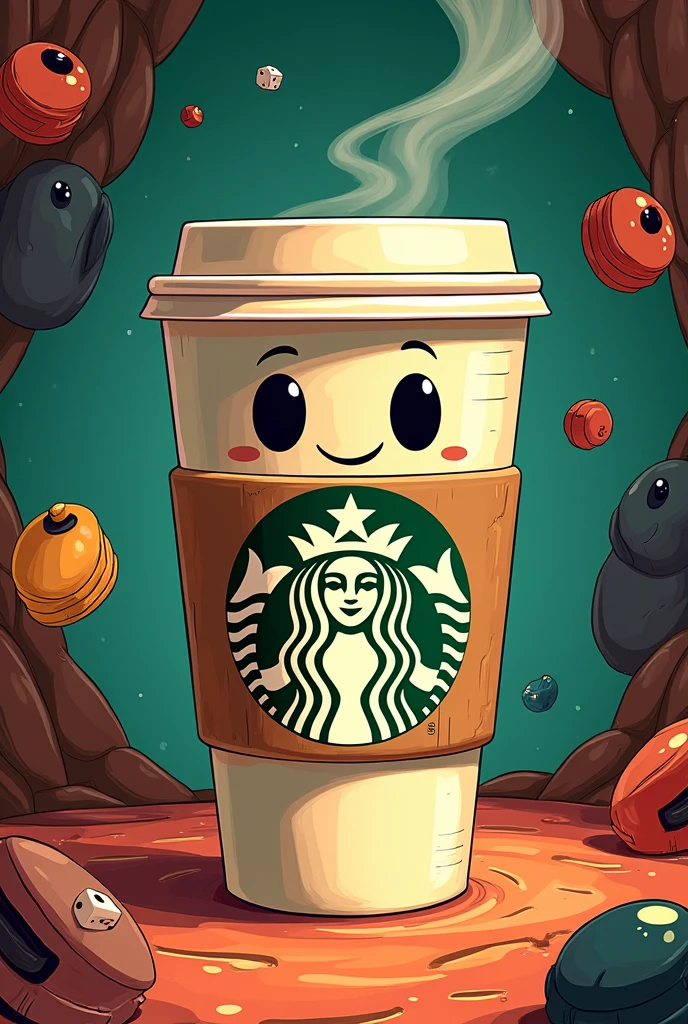 Create an starbucks coffee glass that is usedntoday, but with the style, colors, and textures of the video game cuphead and all its characters, also keeping in mind animation styles from the 1930s.