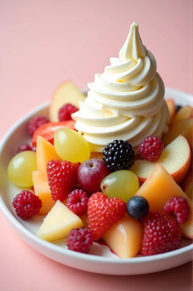 Fruit salad with a portion of ice cream decorated with a little cream