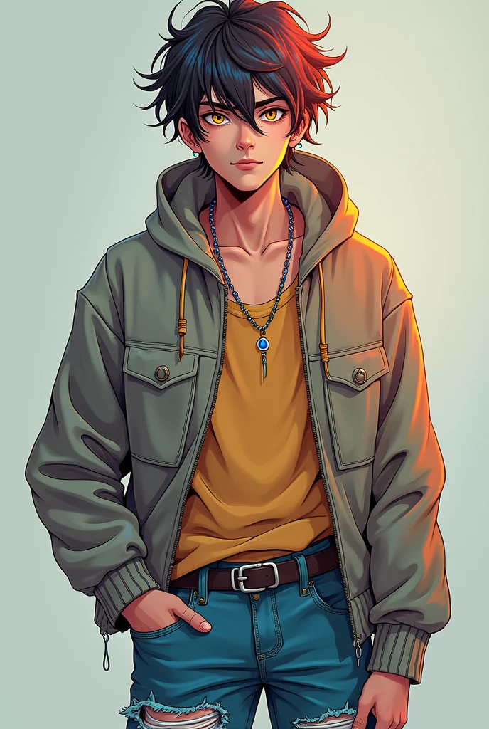 So this man is young, anywhere between the age 20-25, has messy, colorful hair, golden eyes, and pale skin. He's wearing a hoodie and ripped jeans, and has a plain necklace and a few rings.
He's also lean.