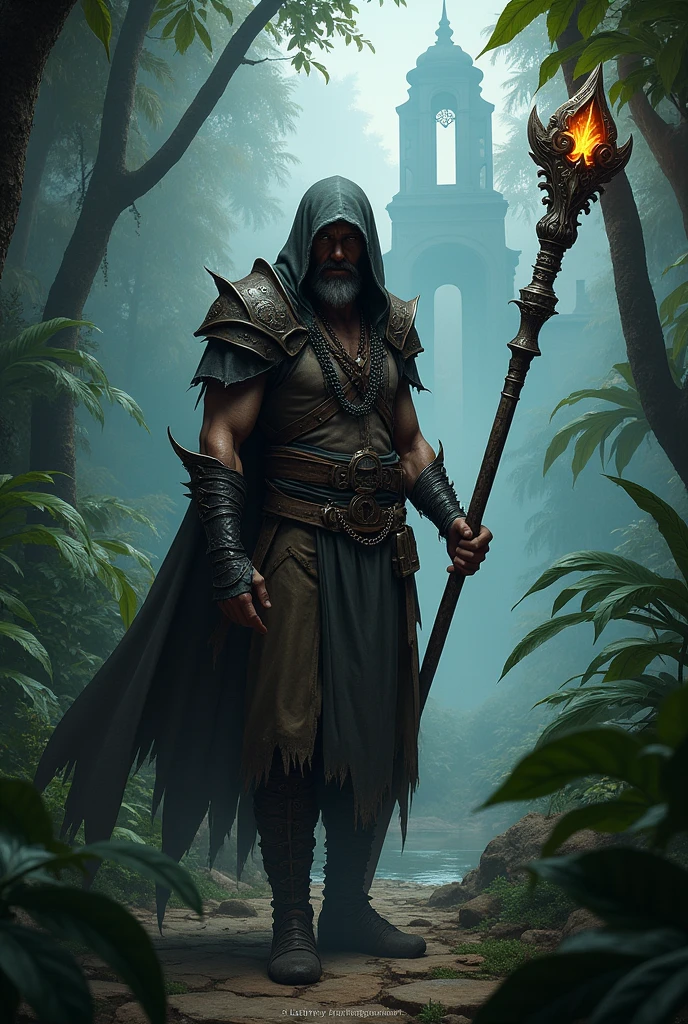 Create an image of Galen, a battle-hardened mercenary from a fictional medievial worl. He should have a rugged apperance, with a not muscular build. Vorn wears a mix of worn-out robe suit and chainmail, showing sings of wear but still functional. He carries a mysterious, ancient staff with intricate carving and faint, glowing aura. His expression is serious and determined, reflecting his rentless pursuit of truth and power. Vorn stands in dense, dark jungle with tall, exotic plants around him, The evironment should fell mysterious and foreboding, with the distant silhouette of ancient ruins. paritally visible through the foliage. The overral atmosphere should be tense and eerie, capturing the sens of and impending discovery of danger. Make him wear hood, and make his robe skinny. DONT EVEN MAKE THIS LEATHER THINGS PLEASE