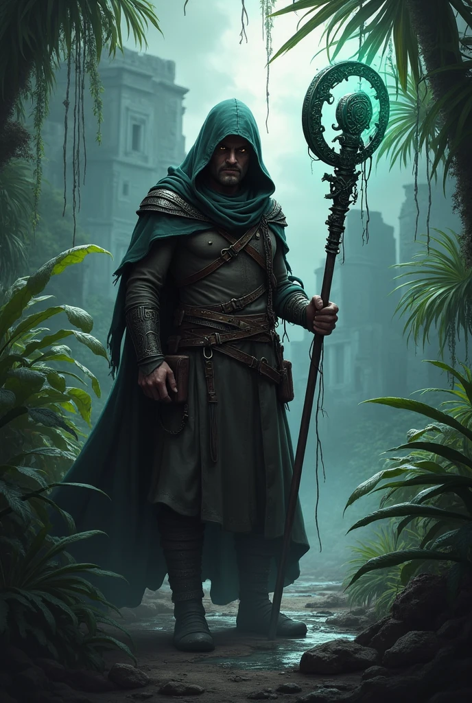 Create an image of Galen, a battle-hardened mercenary from a fictional medievial worl. He should have a rugged apperance, with a not muscular build. Vorn wears a mix of worn-out robe suit and chainmail, showing sings of wear but still functional. He carries a mysterious, ancient staff with intricate carving and faint, glowing aura. His expression is serious and determined, reflecting his rentless pursuit of truth and power. Vorn stands in dense, dark jungle with tall, exotic plants around him, The evironment should fell mysterious and foreboding, with the distant silhouette of ancient ruins. paritally visible through the foliage. The overral atmosphere should be tense and eerie, capturing the sens of and impending discovery of danger. Make him wear hood, and make his robe skinny. DONT EVEN MAKE THIS LEATHER THINGS PLEASE