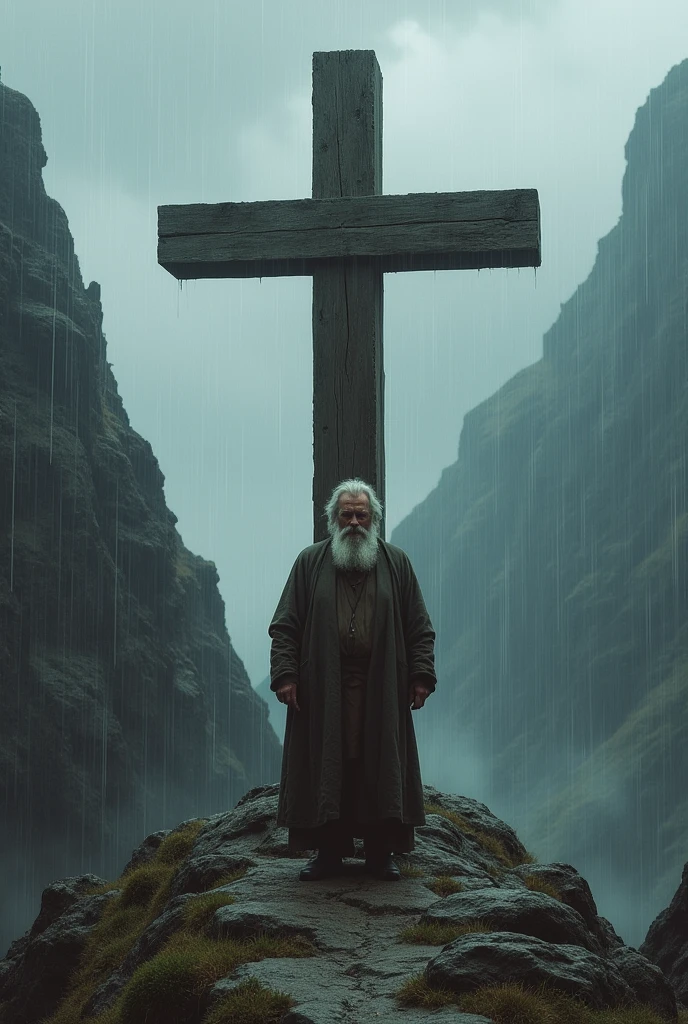A bearded man , middle-age, on a mountain in front a cross with rainy weather
