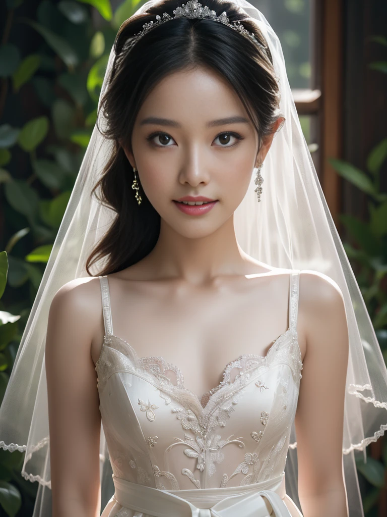 valley,(masterpiece), Highest quality, Highest quality, Highly detailed CG Unity 8K wallpapers, original, High resolution, (Depth of written boundary: 1.5), Faithfulness: 1.3, chest, bride portrait style, 1 person, curtain, Veil , bridal Veil, Wedding dress, curtain, jewelry, alone, Earrings, teeth, bride, black_hair