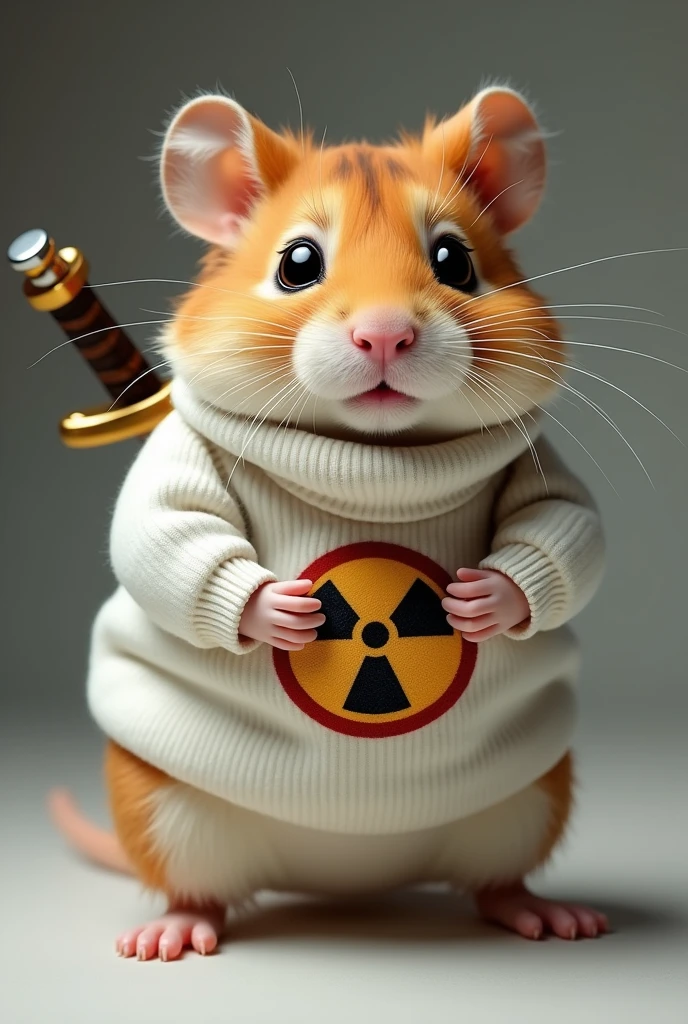 Hamster in white turtleneck with toxic logo, with a little sword on his back and realistic