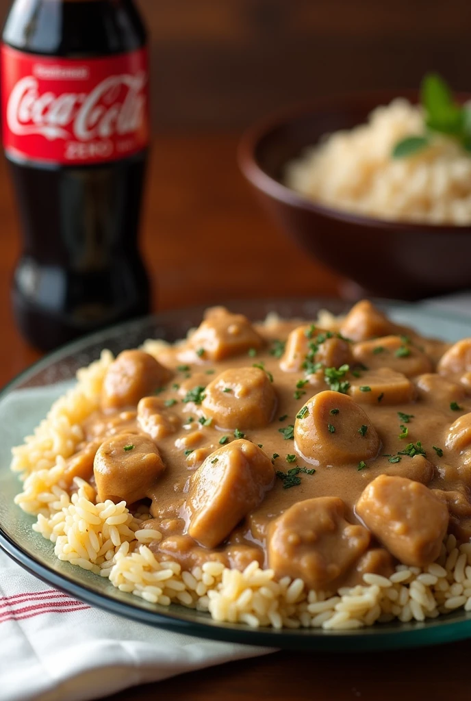 Photo of well-seasoned chicken stroganoff with rice on a glass plate with and a non-returnable Coca-Cola Zero on a brown table with a white tablecloth covering the table. The stroganoff cannot be floating on the plate., thick sauce.