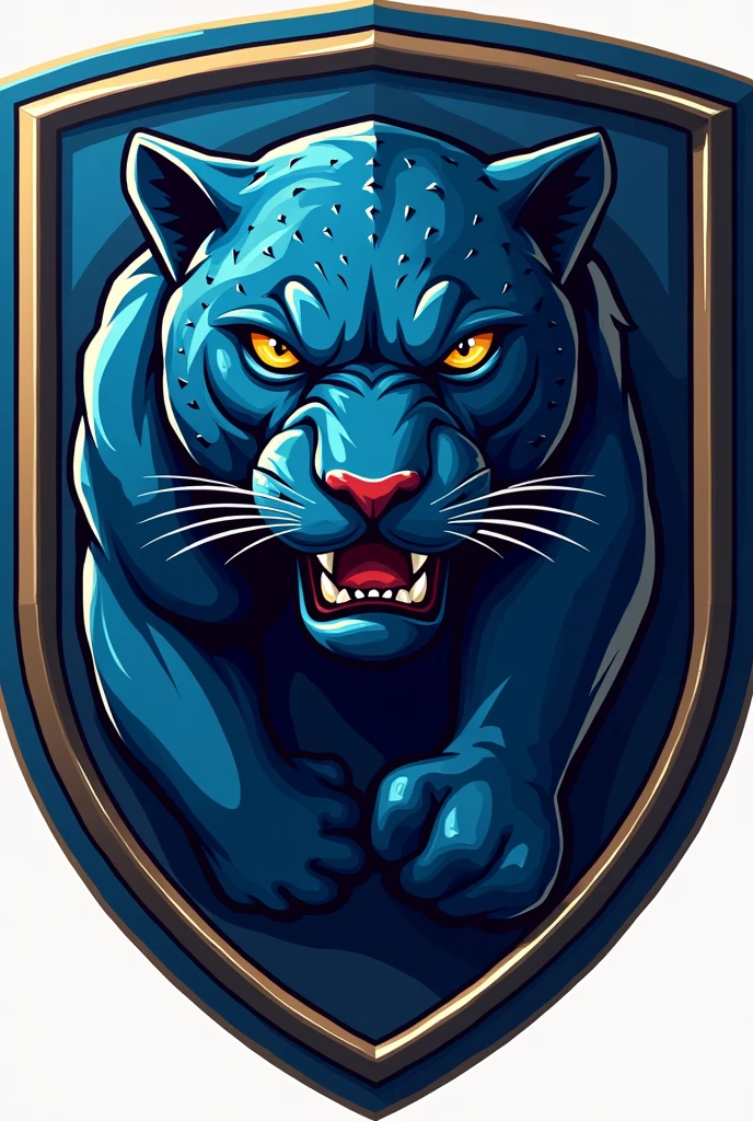 create a professional team shield in royal blue colors, white with golden edges and a jaguar in the middle