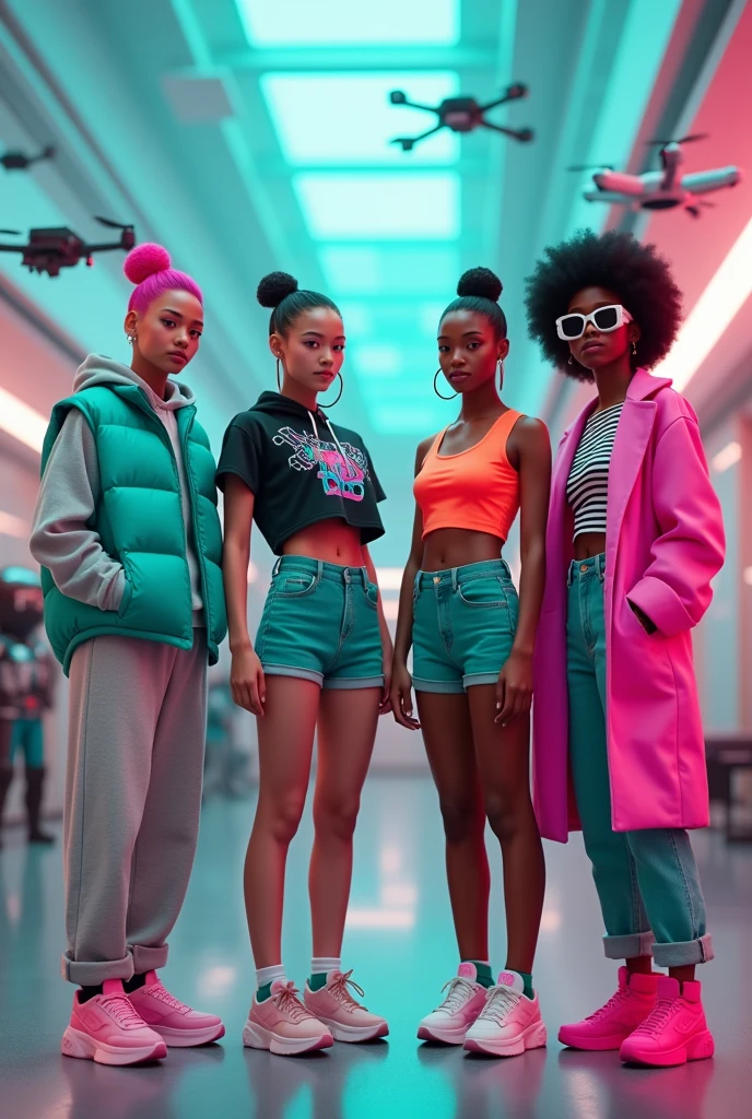 Create a photorealistic image of a group of four diverse models wearing futuristic, sustainable fashion designs, precisely like the ones in the reference image. The first model wears a sky blue and light gray outfit with a padded vest, baggy trousers, and pink accessories. The second model is dressed in a black crop top with iridescent sequins, teal shorts with fur trim, and bright turquoise sneakers. The third model sports a more structured look with a short military-style jacket, orange crop top, and knee-length, teal cargo shorts, paired with pink-and-gray high-top boots. The fourth model features a long pink and gray overcoat, worn over a striped orange top and baggy blue jeans, accessorized with white sunglasses. The background is a futuristic, robotics-inspired studio with metallic accents and digital screens. The lighting is soft, highlighting the textures and colors of the outfits, with a focus on sharpness and clarity. The image is captured in high resolution, perfect for an Instagram post.