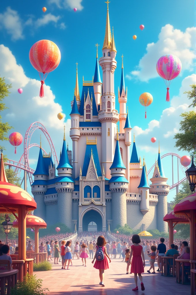Theme park with huge white and blue castle. Children having fun with gas balloons. Rollercoasters and a large square with happy families