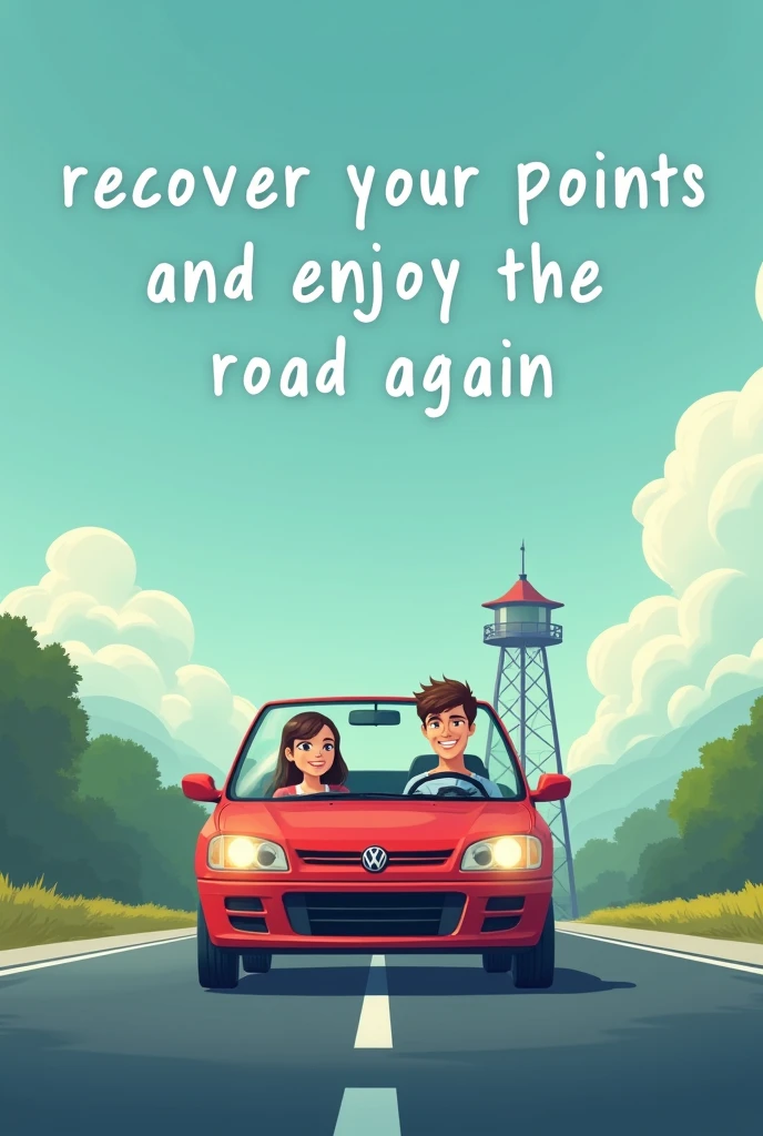 Imagine a scene where you see a car on a clear road, symbolizing freedom and security. At the bottom, a tower (alluding to the name of the driving school) and a happy and safe driver at the wheel. about the image, the text "Recover your points and enjoy the road again" in a prominent place. The predominant colors should convey tranquility and confidence., like blue and green, combined with touches of red to attract attention.