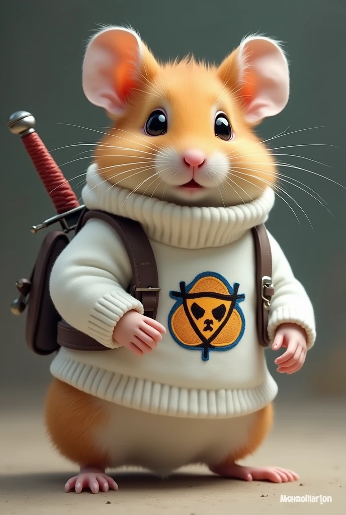 Hamster in white turtleneck with toxic logo, with a little sword on his back and realistic