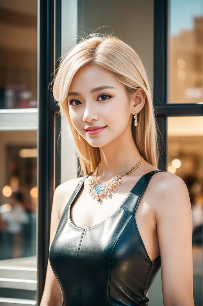 (masterpiece:1.4), (best quality:1.4), ultra high res, ultra high resolution, ((detailed facial features)), HDR, (realistic, photorealistic, photo-realistic:1.37), closeup, sexy seductive Thai woman, (seductive smile), long lashes, beautiful makeup, platinum blonde hair, fair skin, slender figure, elegant posture, wearing large sparkling colorful jewelery, wearing a business style leather dress, standing in a large shopping mall, gentle sunlight shining through the shopping mall windows, casting a soft glow on her face, adding warmth to the scene, vibrant colors, capturing the essence of vibrant city life, portrait style, showcasing her natural beauty and grace in a feminine way