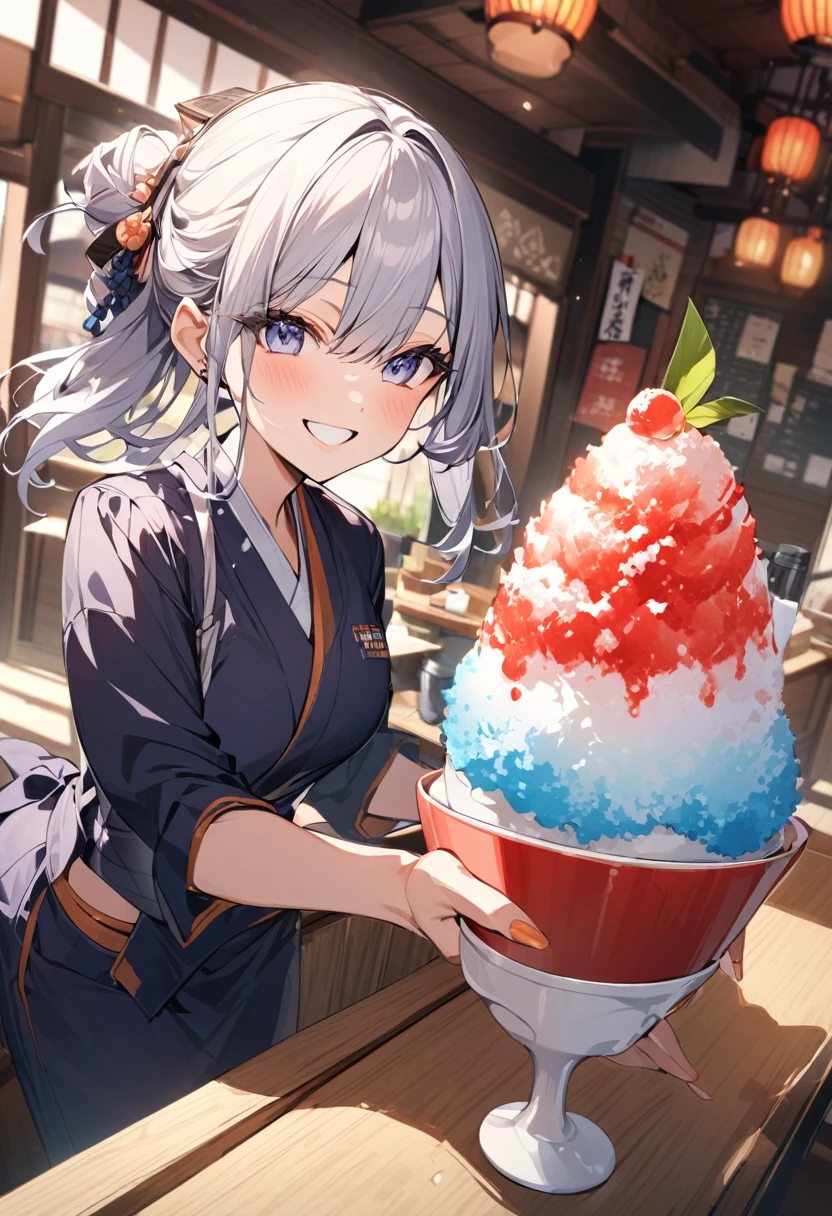 High-quality images、navy monk's working clothes、Beautiful girl clerk、He is handing me the shaved ice.、smile、The background is a Japanese-style cafe
