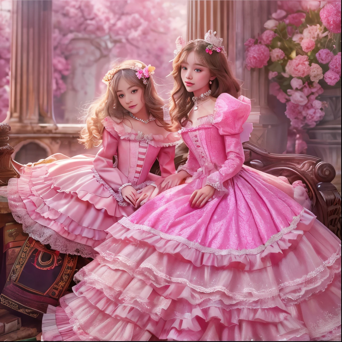 highest quality, masterpiece, highest resolution, artwork, super get used to it, many become familiar with, become familiar with, get used to it, woman, ,the two girls are princesses,pink victorian dress,long sleeve,long dress,A dress with lots of frills and ribbons.,luxury,Two kiss,