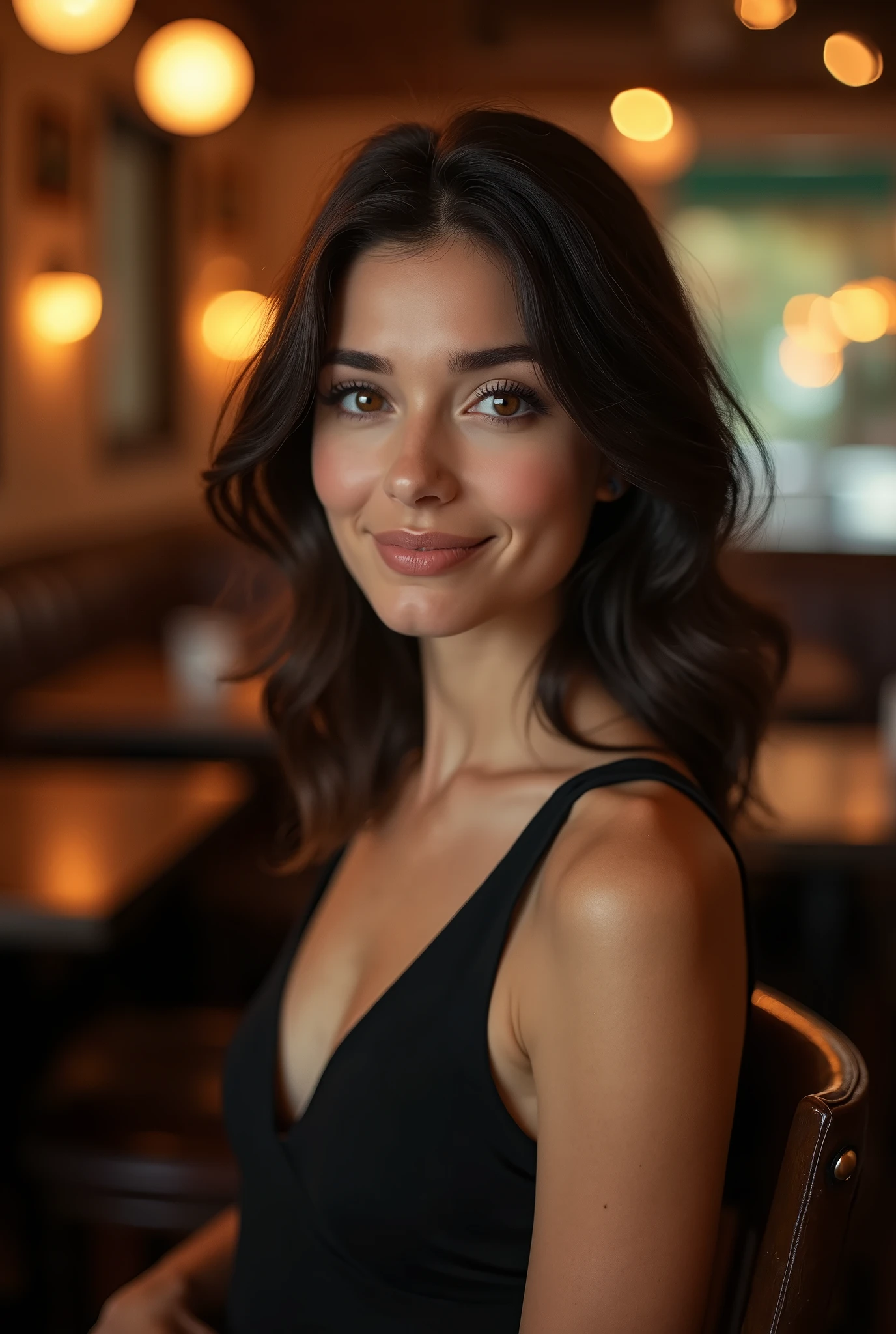 **Prompt:** A portrait of a brunette woman with shoulder-length wavy hair, wearing a chic black dress. The setting is a cozy, dimly lit café with warm, ambient lighting. The woman has a serene expression, with a soft smile and light makeup highlighting her natural beauty. The background features blurred café details, creating a bokeh effect. The shot is taken with a Canon EOS 5D Mark IV, using a 50mm f/1.8 lens for a shallow depth of field, capturing a high-resolution image with rich colors and a touch of film grain.