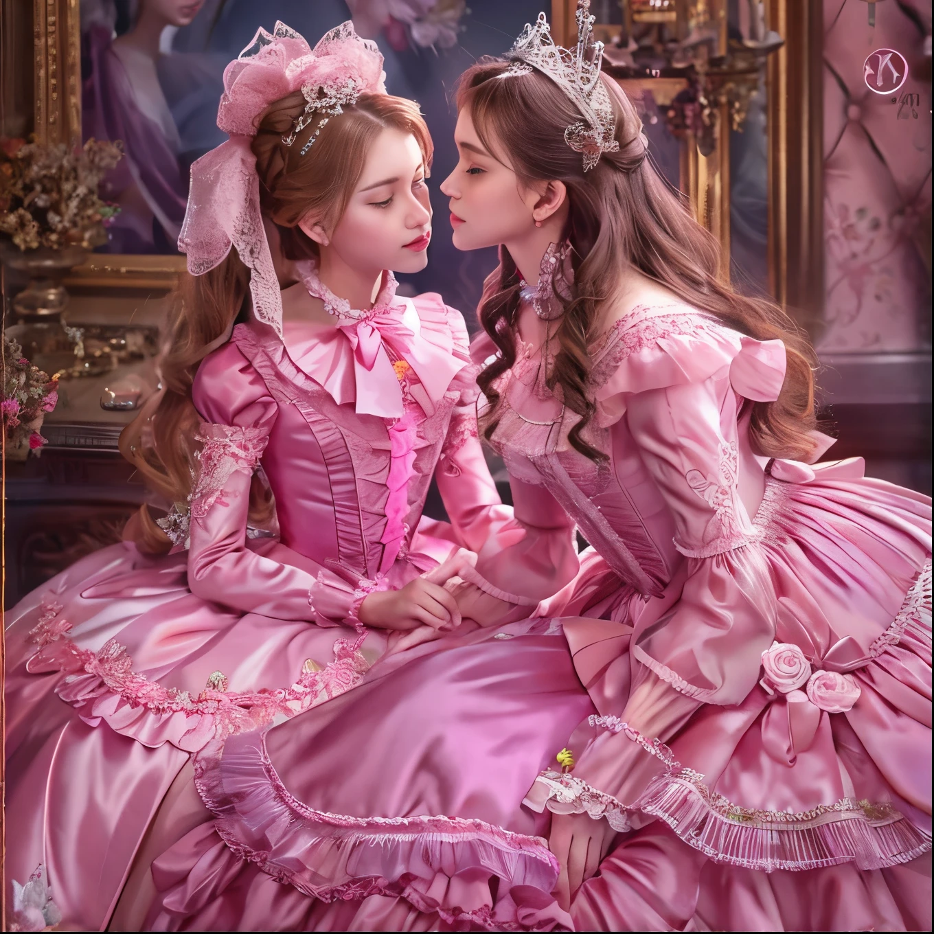 highest quality, masterpiece, highest resolution, artwork, super get used to it, many become familiar with, become familiar with, get used to it, woman, ,the two girls are princesses,pink victorian dress,long sleeve,long dress,A dress with lots of frills and ribbons.,luxury,Two kiss,